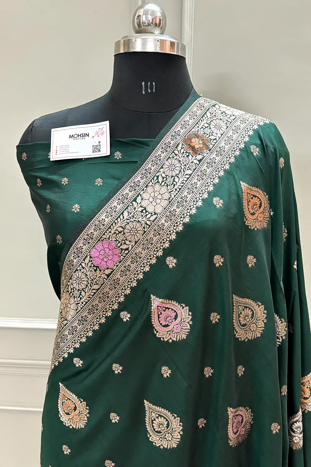 Bottle Green Resham Zari Silky Banarasi Saree