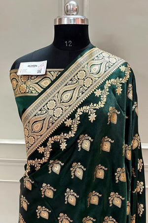 Bottle Green Ruby Buti Katan Silk Banarasi Saree