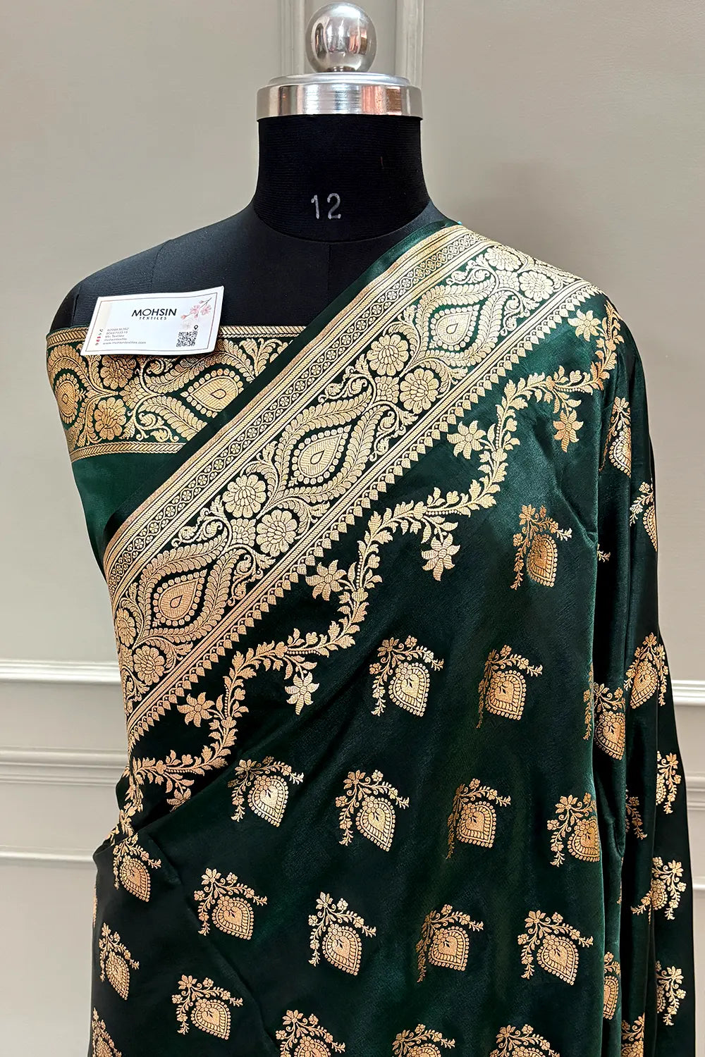 Bottle Green Ruby Buti Katan Silk Banarasi Saree