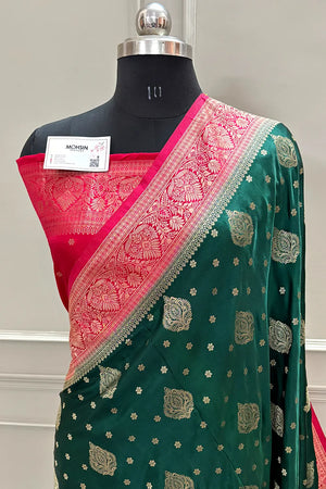 Bottle Green and Red Golden Zari Silky Banarasi Saree