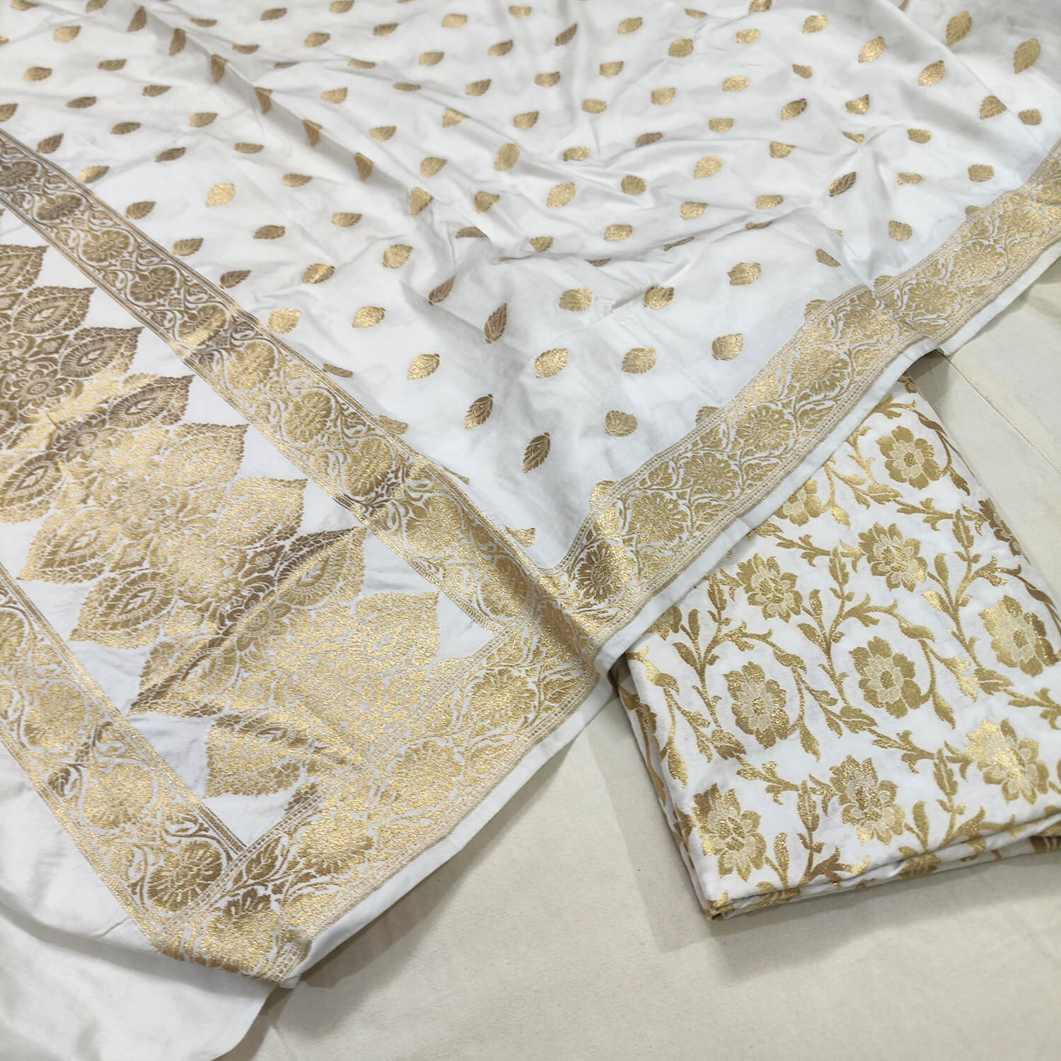 Dyeable Jaal Pattern Katan Silk Golden Zari Banarasi Suit