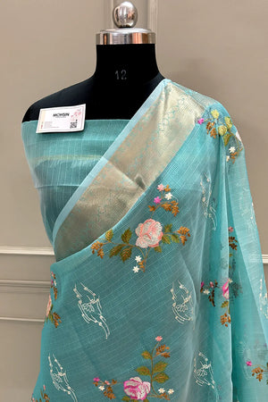 Firozi Embroidery Tissue Silk Banarasi Saree