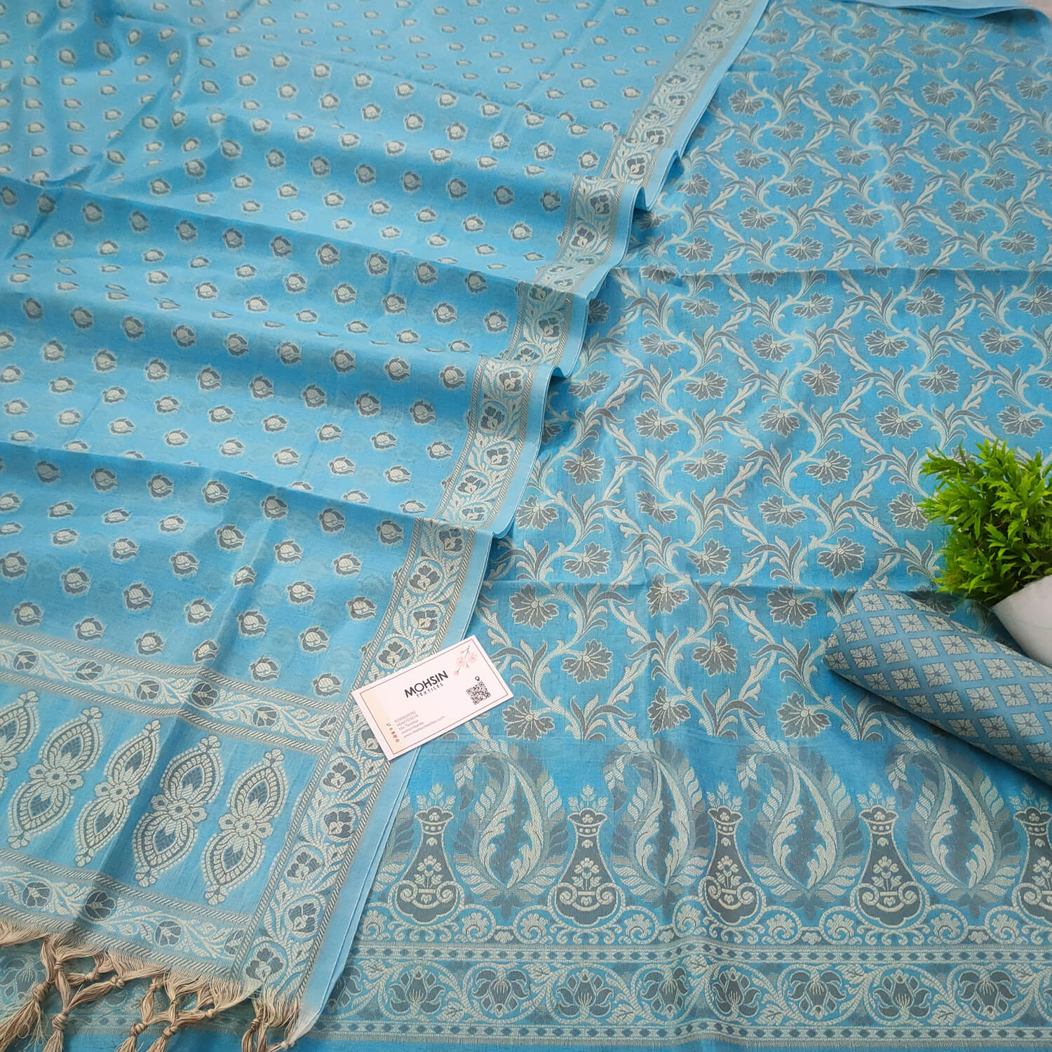 Firozi Resham Zari Cotton Silk Banarasi Suit