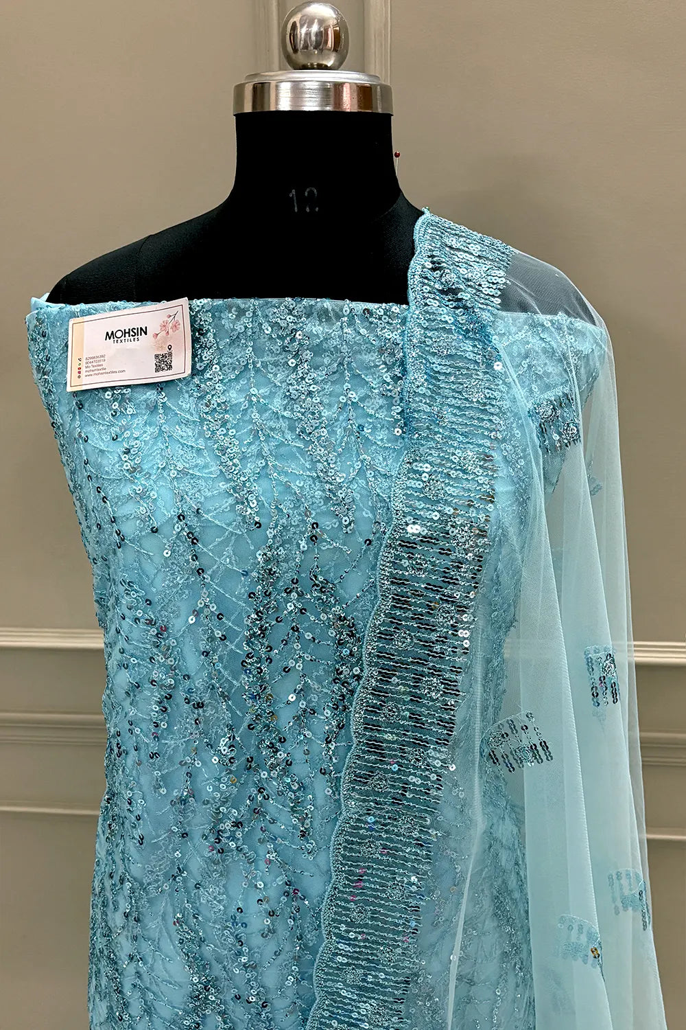 Firozi Sequence Embroidery Net Salwar Suit