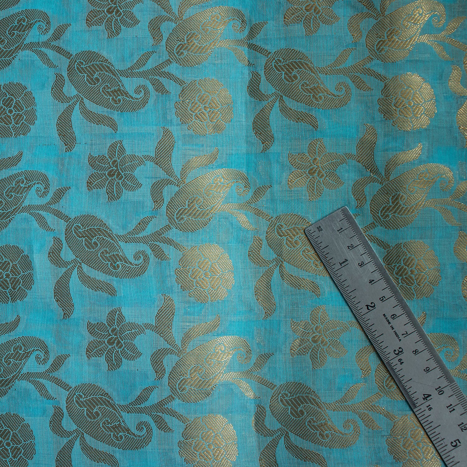 Firozi Zari Woven Banarasi Musrize Silk Fabric