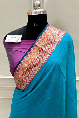 Firozi and Pink Cotton Silk Banarasi Saree
