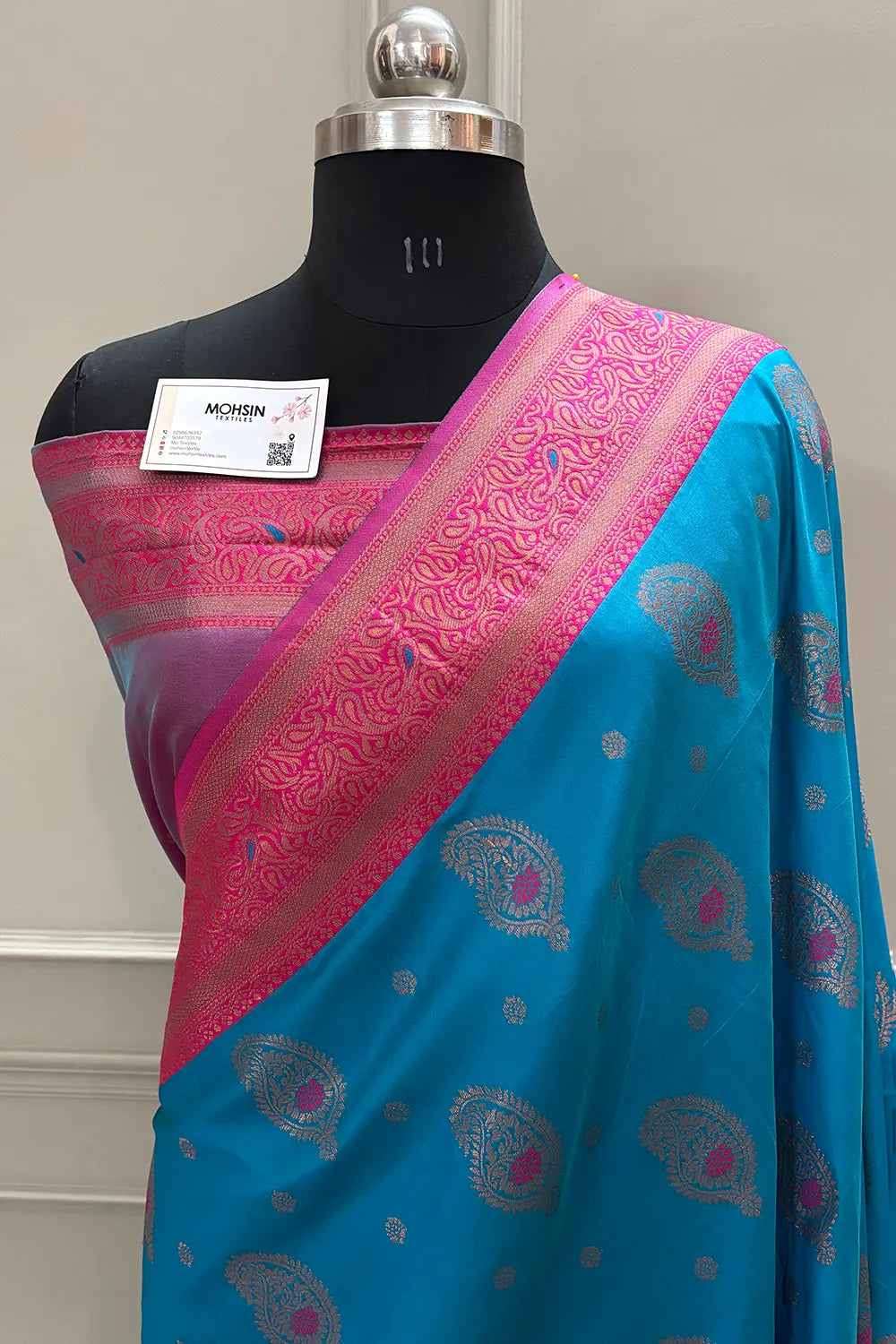 Firozi and Pink Resham Zari Silky Banarasi Saree