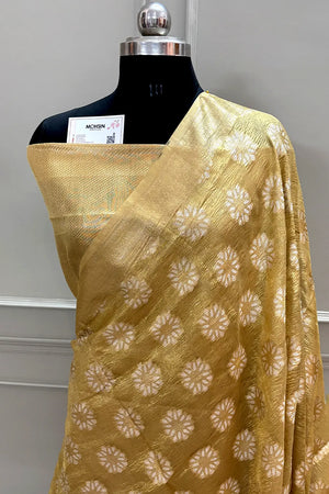 Gold Golden Zari Crush Tissue Silk Banarasi Saree
