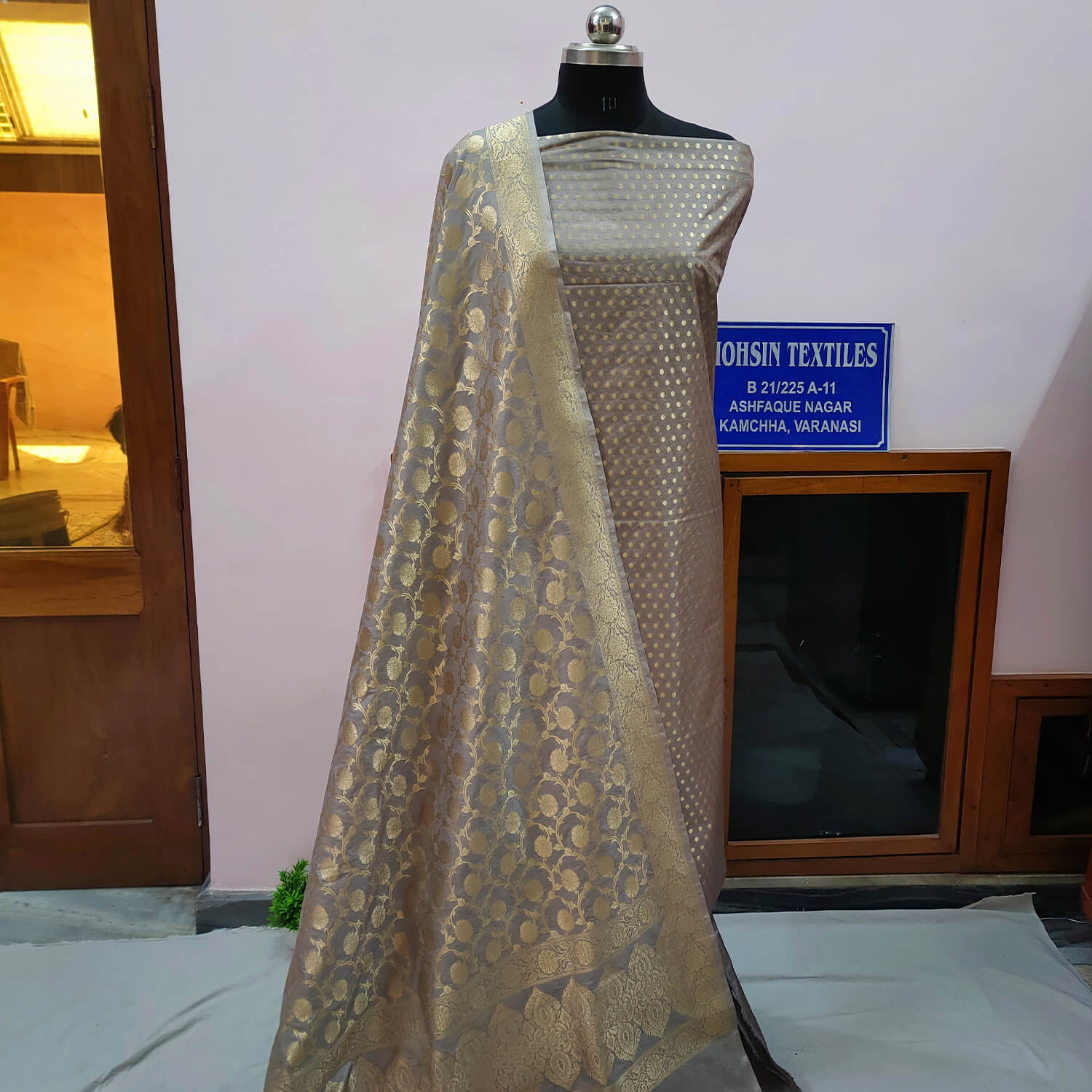 Grey Chunri Pattern Katan Silk Banarasi Suit
