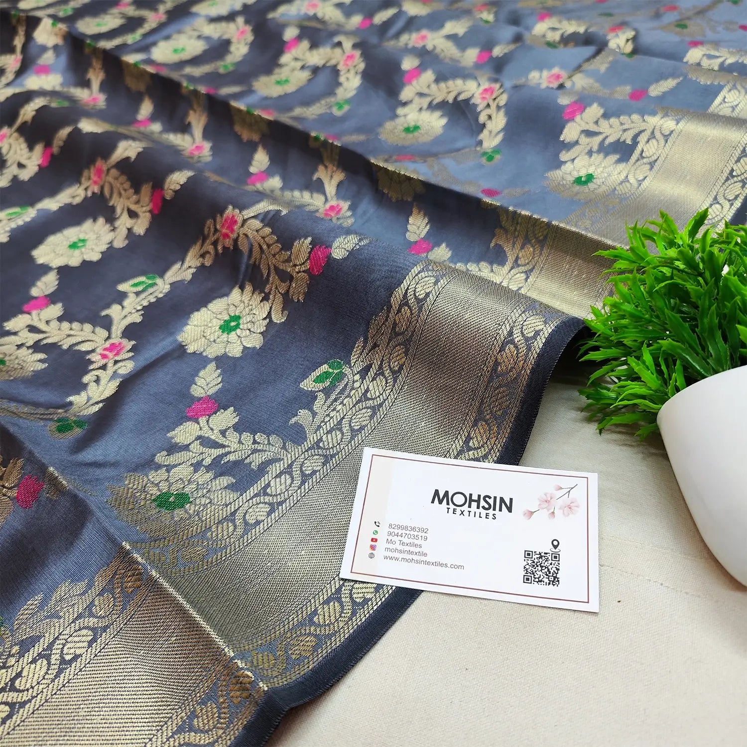Grey Meenakari Satin Silk Banarasi Dupatta
