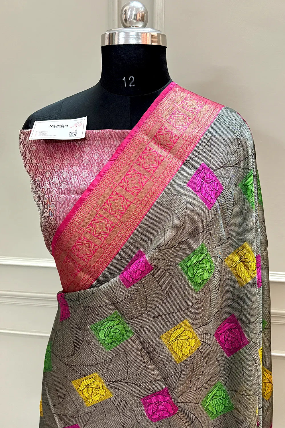 Grey and Pink Chanderi Silk Banarasi Saree