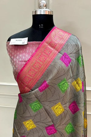 Grey and Pink Chanderi Silk Banarasi Saree