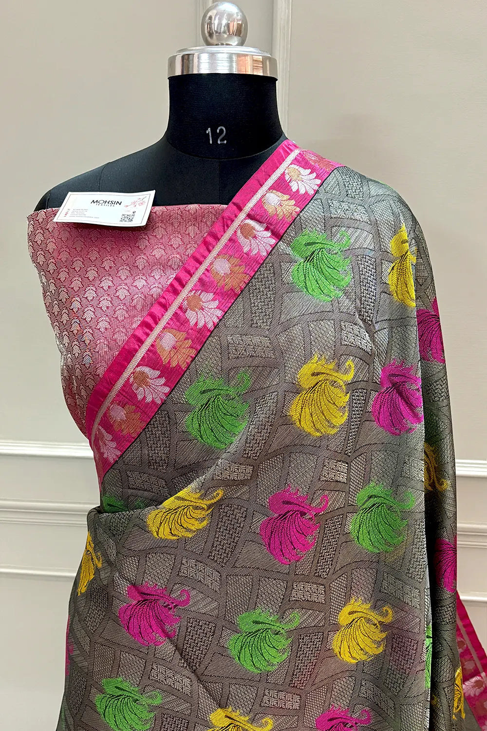 Grey and Pink Chanderi Silk Banarasi Saree