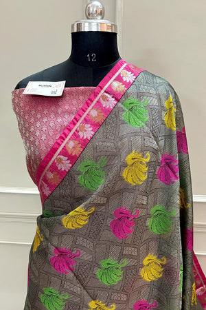 Grey and Pink Chanderi Silk Banarasi Saree