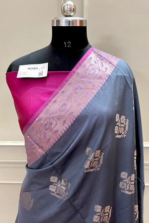Grey and Pink Golden Zari Banarasi Silk Saree