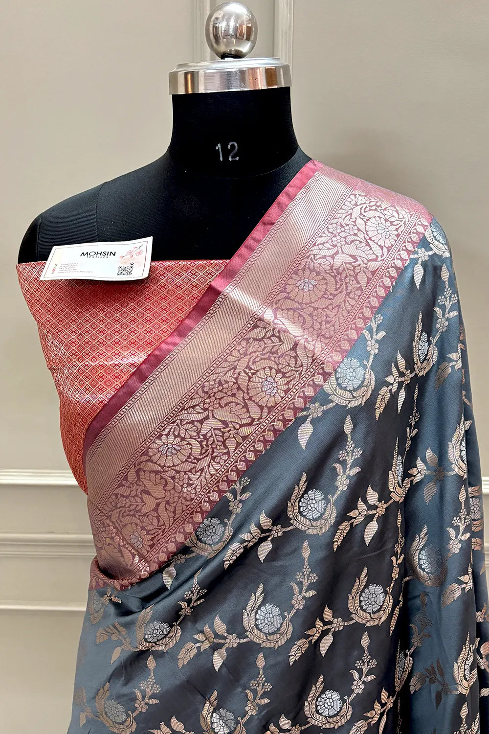 Grey and Red Golden Zari Banarasi Silk Saree