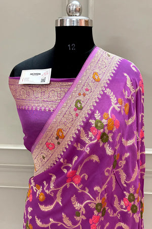 Lavender Golden Zari Georgette Silk Banarasi Saree