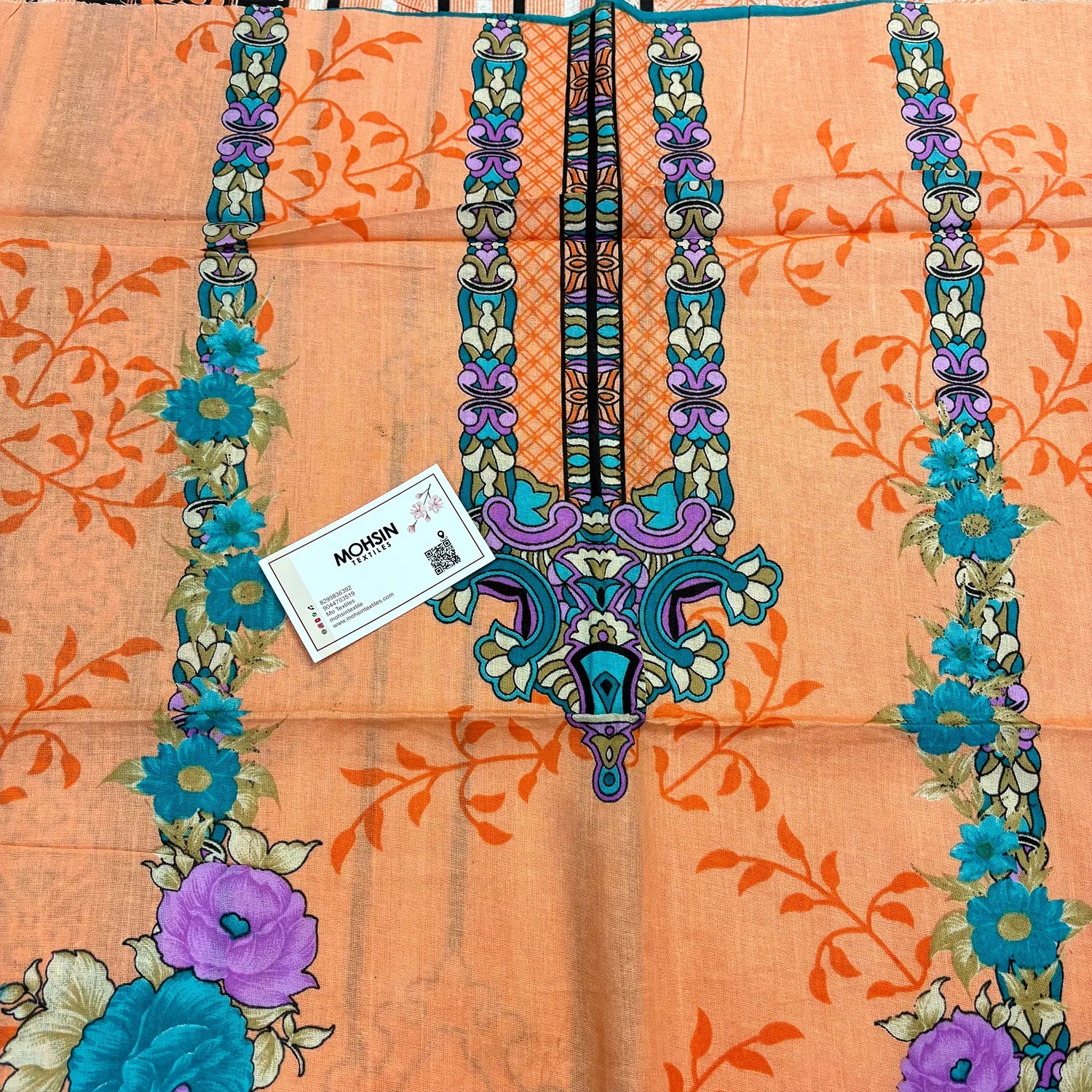 Light Orange and Firozi Printed Cotton Silk Salwar Suit