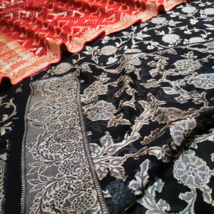 Black and Red Khaddi Chiffon Unstitched Banarasi Suit