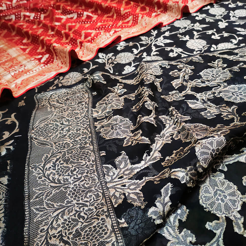Black and Red Khaddi Chiffon Unstitched Banarasi Suit