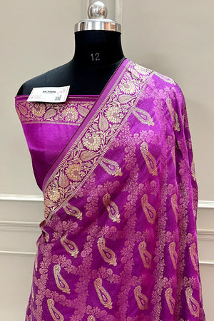 Magenta Golden Zari Georgette Silk Banarasi Saree