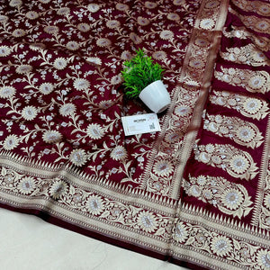 Maroon Ganga Jamuna Crepe Silk Banarasi Saree