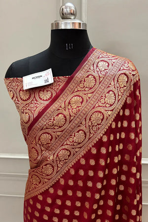 Maroon Golden Zari Chanderi Silk Banarasi Saree