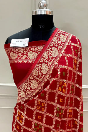 Maroon Golden Zari Georgette Silk Banarasi Saree