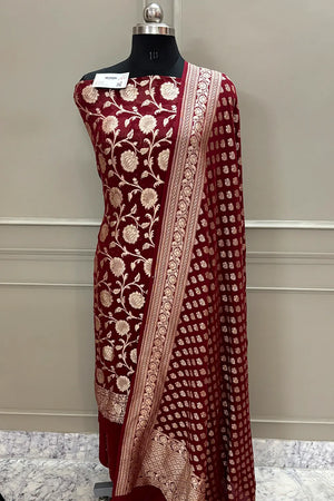 Maroon Golden Zari Pure Georgette Silk Banarasi Suit