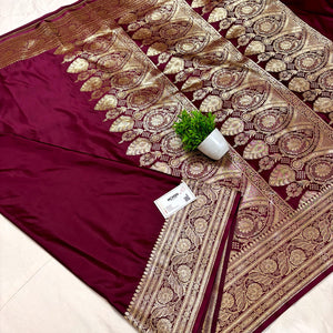 Maroon Plain Golden Zari Katan Silk Banarasi Saree