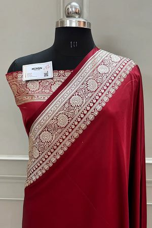 Maroon Plain Golden Zari Katan Silk Banarasi Saree