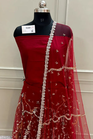 Maroon Zariwork Semi Stitched Net Lahenga