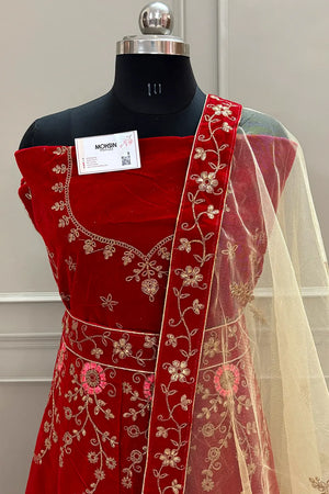 Maroon and Beige Zariwork Semi Stitched Velvet Lahenga