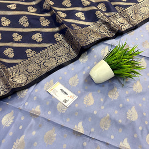 Mauve and Navy Blue Pankh Buti Satin Silk Banarasi Suit