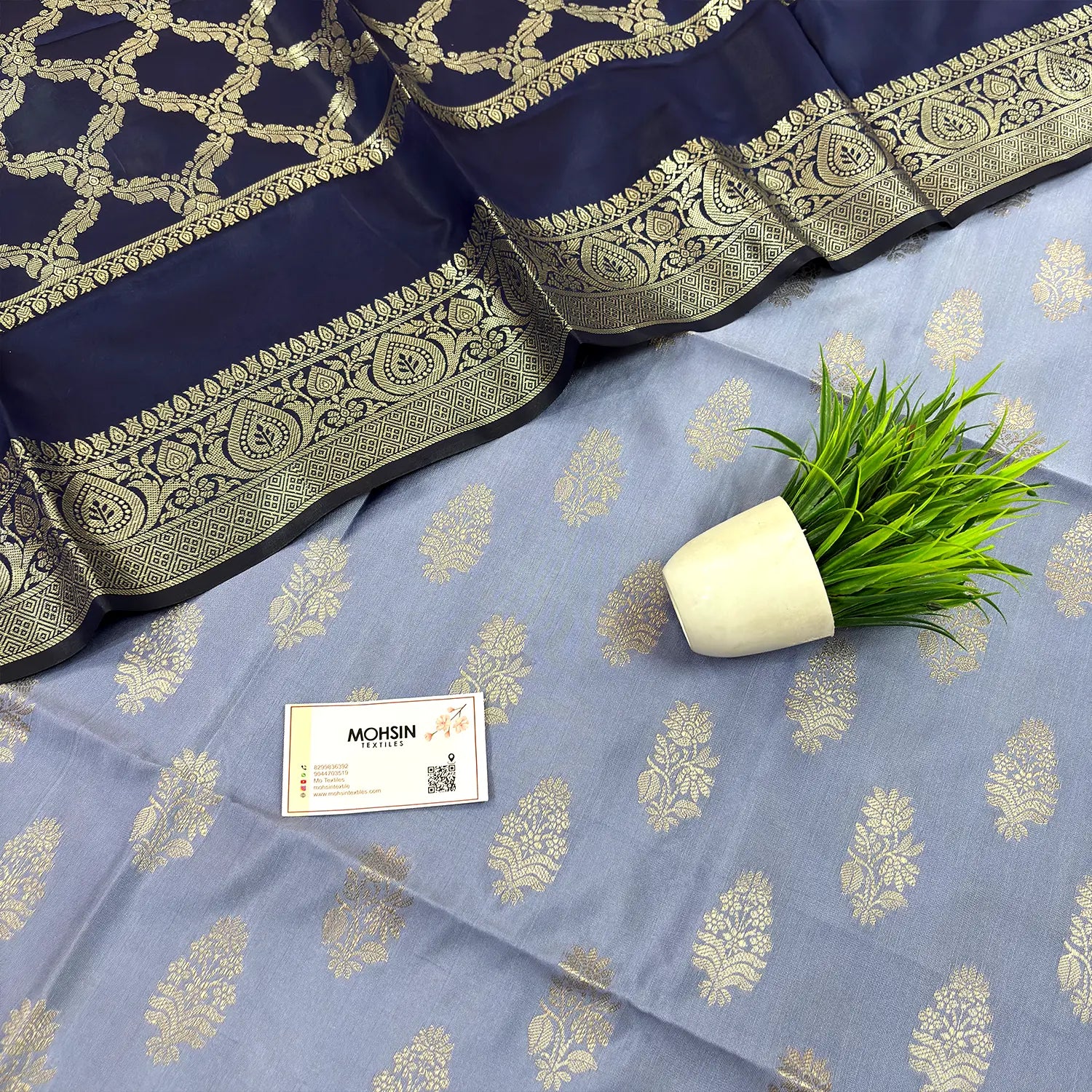 Mauve and Navy Blue Phooldaan Buti Satin Silk Banarasi Suit