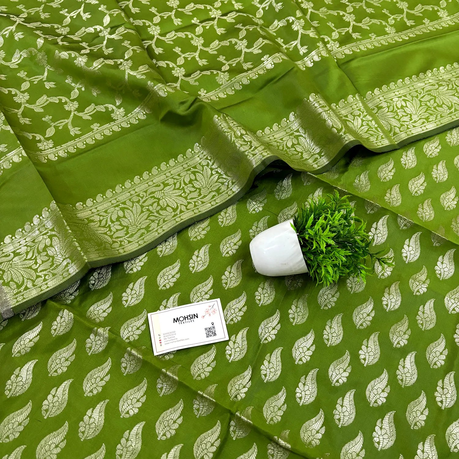 Mehendi Agnipath Buti Satin Silk Banarasi Suit