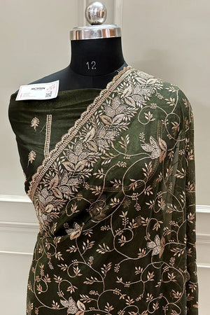 Mehendi Embordiery Siroski Work Silk Saree