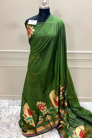 Mehendi Golden Zari Banarasi Silk Saree