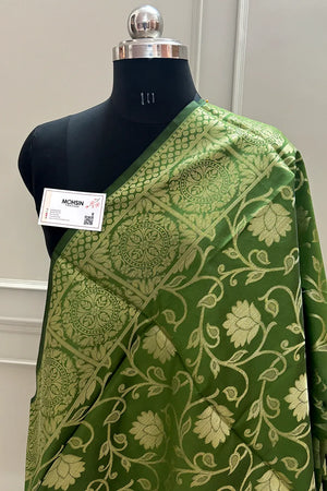 Mehendi Golden Zari Satin Silk Banarasi Dupatta