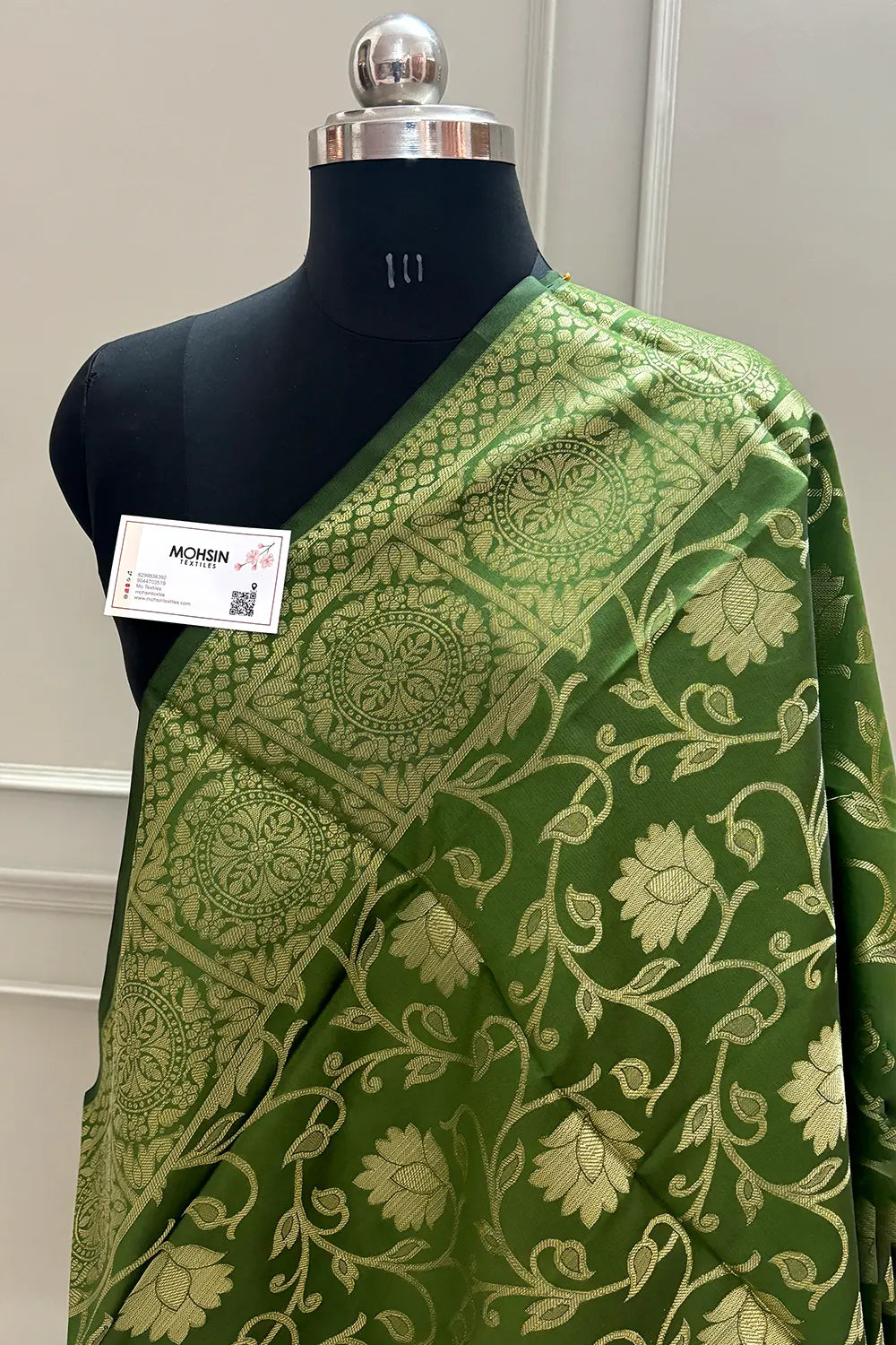 Mehendi Golden Zari Satin Silk Banarasi Dupatta