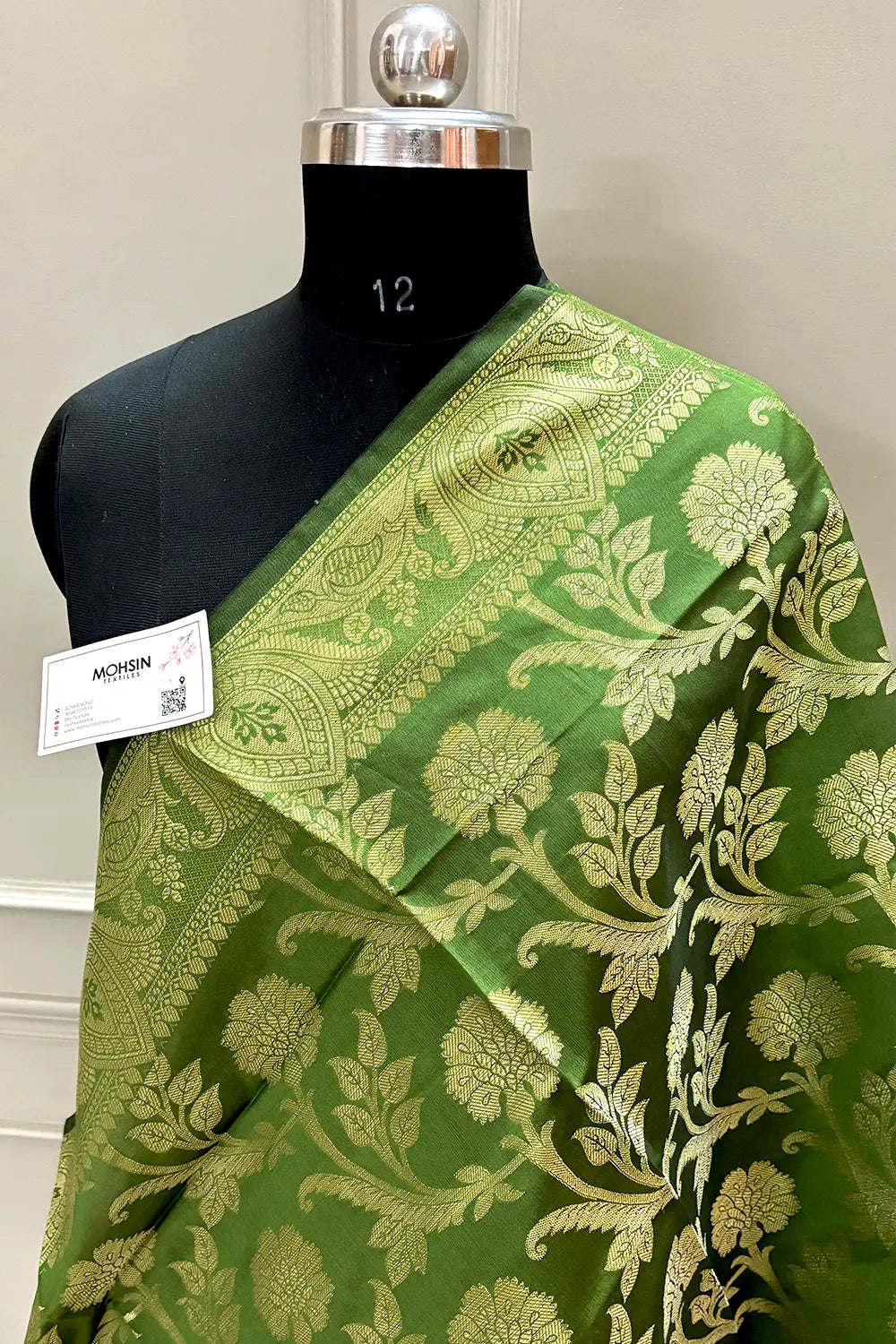 Mehendi Golden Zari Satin Silk Banarasi Dupatta
