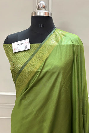 Mehendi Plain Golden Zari Silky Banarasi Saree
