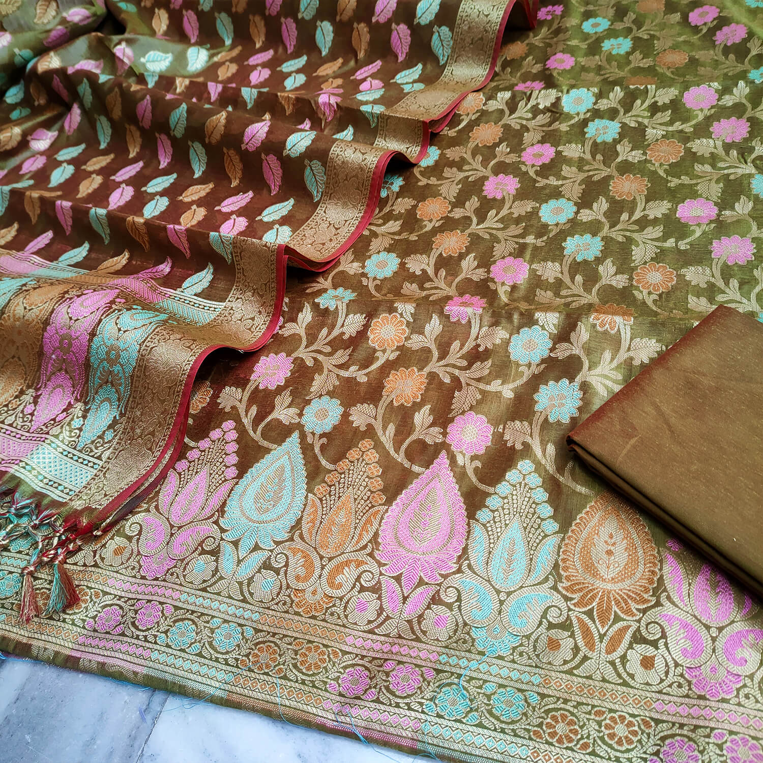 Mehendi Tilfi Meenakari Satin Silk Banarasi Suit