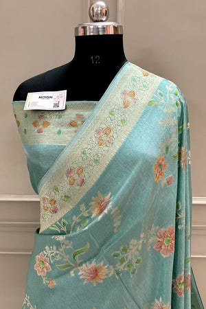 Mint Green Shakahari Jaal Georgette Silk Banarasi Saree