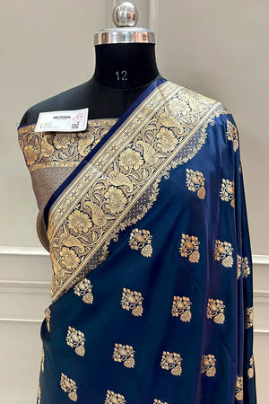 Navy Blue Golden Zari Katan Silk Banarasi Saree