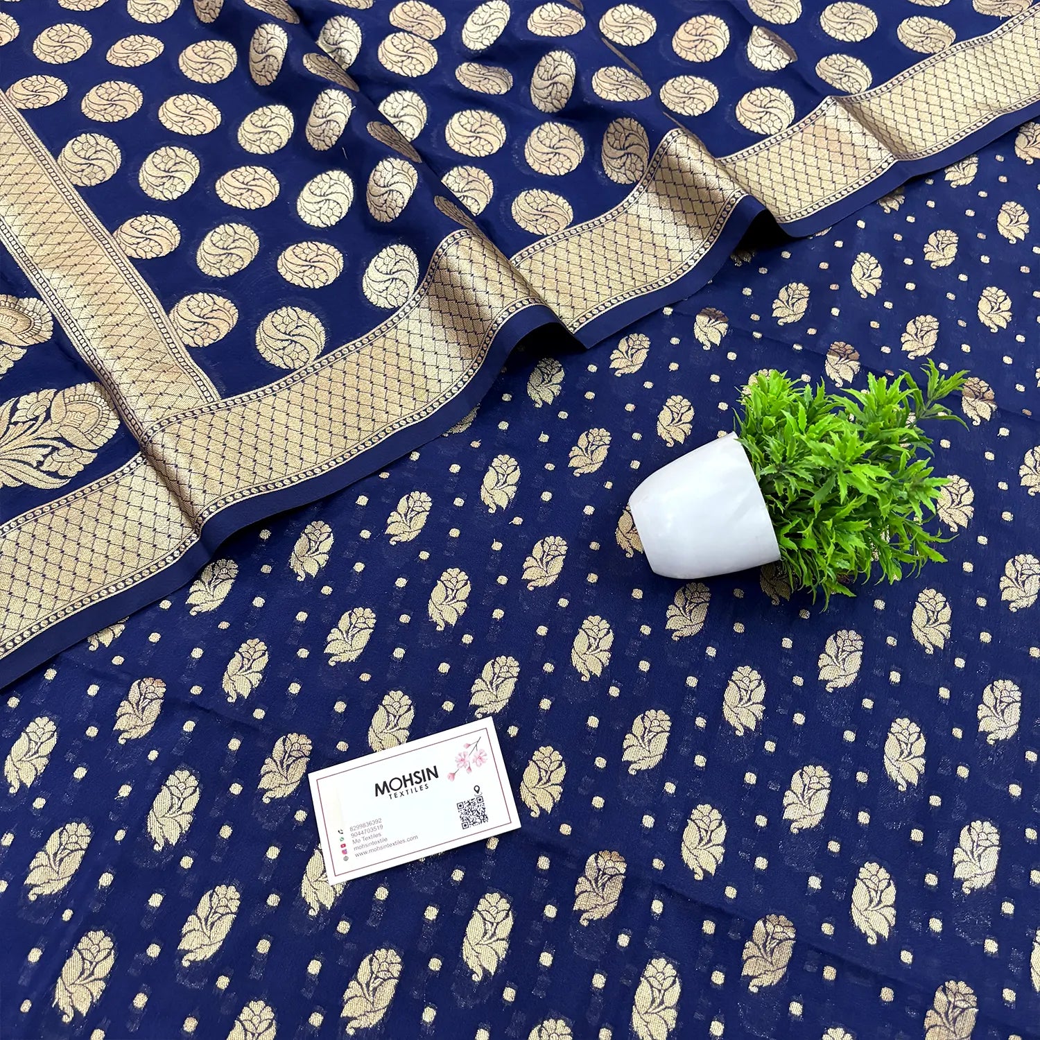 Navy Blue Golden Zari Katan Silk Banarasi Suit
