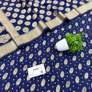 Navy Blue Golden Zari Katan Silk Banarasi Suit