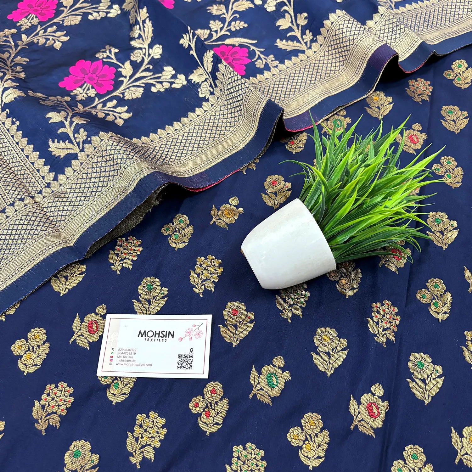 Navy Blue Golden Zari Katan Silk Banarasi Suit