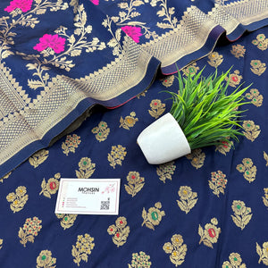 Navy Blue Golden Zari Katan Silk Banarasi Suit