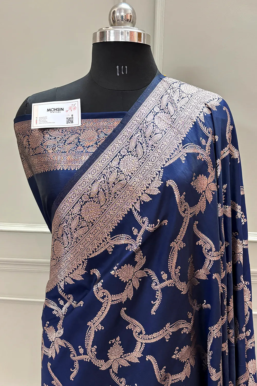 Navy Blue Golden Zari Satin Silk Banarasi Saree